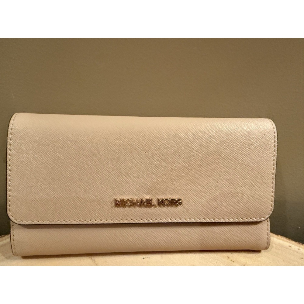 MICHAEL KORS JET SET TRAVEL LARGE TRIFOLD SAFFIANO LEATHER WALLET PINK BLUSH - Picture 2 of 9